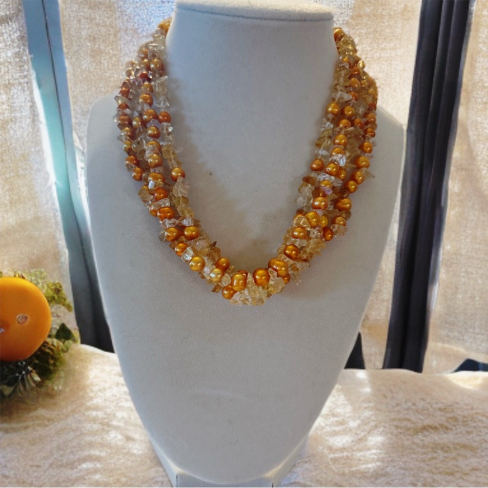 Vintage Freshwater Pearl & Citrine Chip Multi-Strand Necklace Silver 925 Clasp